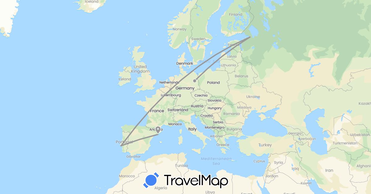 TravelMap itinerary: driving, plane in Germany, Spain, Portugal, Russia (Europe)
